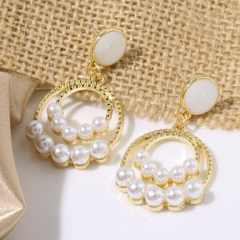 White Pearl Double Ring Earrings